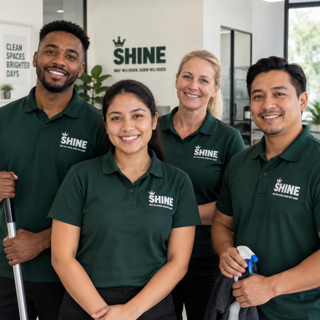 Diverse SHINE cleaning team in green uniforms with crown logo